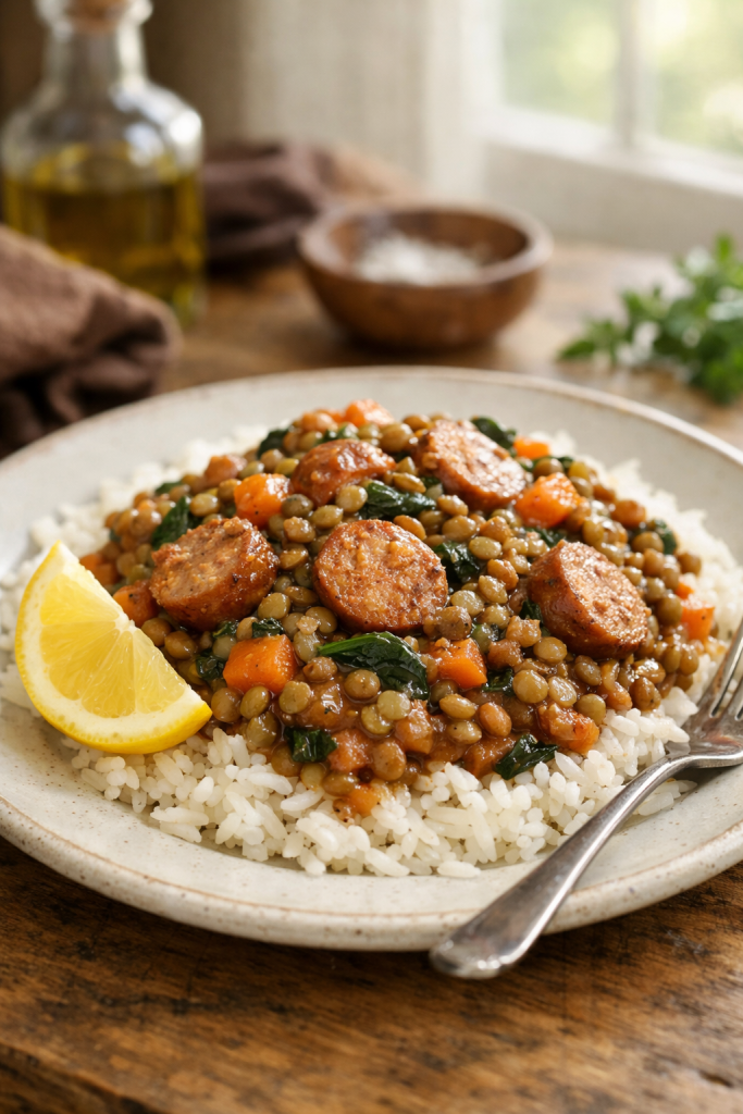 Photorealistic vertical 2:3 image of a plated serving of lentil and sausage skillet over rice with a lemon wedge on the side, cozy kitchen background softly blurred, natural window light, US food photography, no text, no logo, no watermark