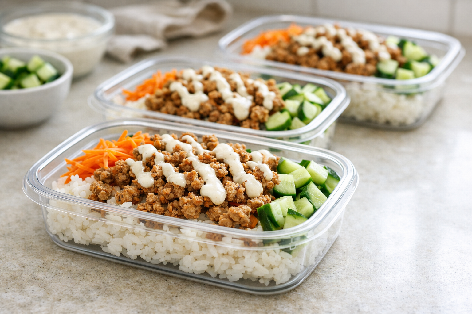 Meal Prep Turkey Rice Bowls with Garlic Sauce