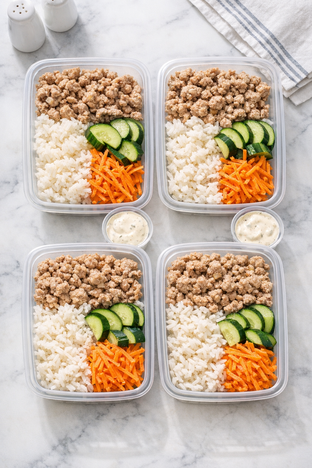 Photorealistic vertical 2:3 image of four meal prep containers arranged neatly, each with rice, ground turkey, fresh cucumber and shredded carrots, small sauce cups of creamy garlic sauce on the side, bright natural light, clean styling, US food photography, no text, no logo, no watermark, 2200px height