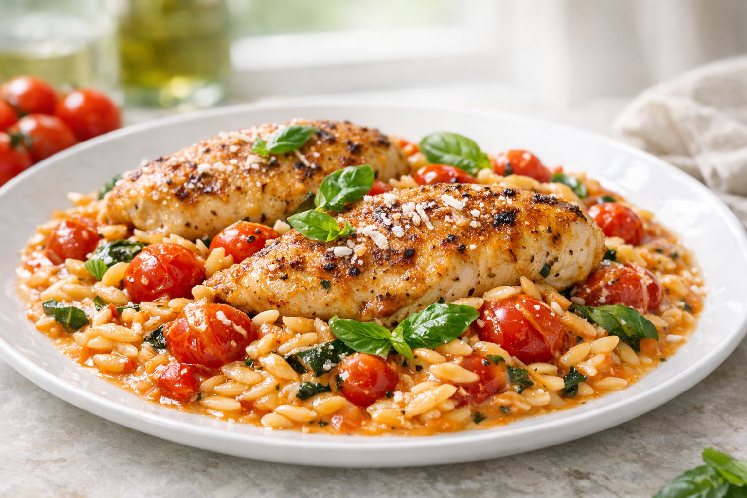 Skillet Tomato Basil Chicken with Orzo (One Pan)