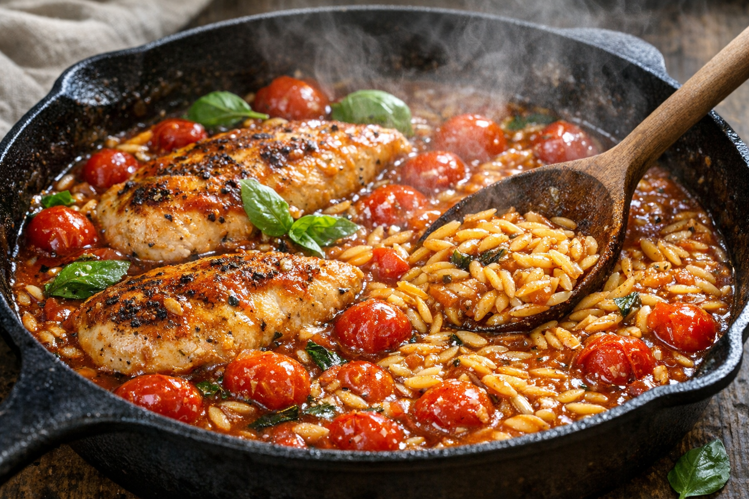 Skillet Tomato Basil Chicken with Orzo (One Pan)
