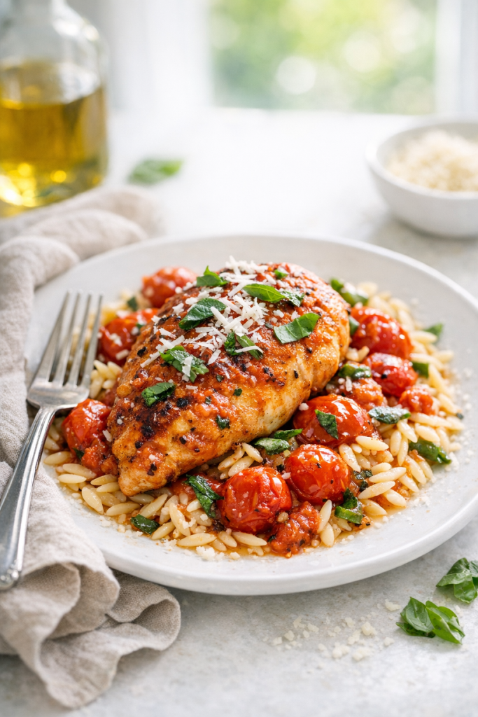 Photorealistic vertical 2:3 image of plated tomato basil chicken with orzo and burst tomatoes, garnish of torn basil and grated Parmesan, linen napkin and fork styling, bright natural window light, shallow depth of field, US food photography, no text, no logo, no watermark, 2200px height