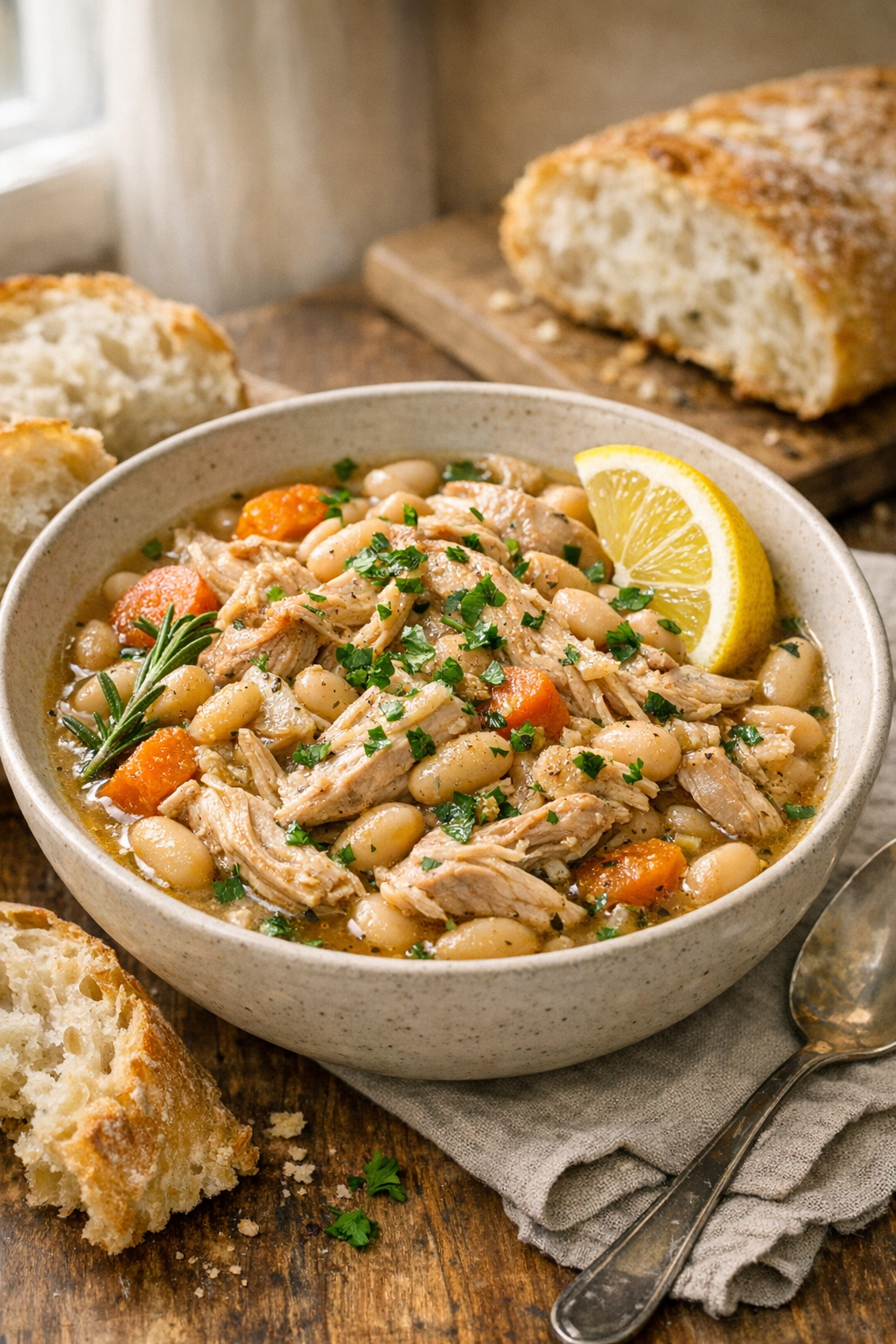 Photorealistic vertical 2:3 image (2200px height) of slow cooker chicken with white beans and rosemary plated in a cozy dinner bowl, garnished with parsley and lemon wedge, crusty bread nearby, warm neutral background, natural window light, US food photography, realistic and appetizing, no text, no logo, no watermark