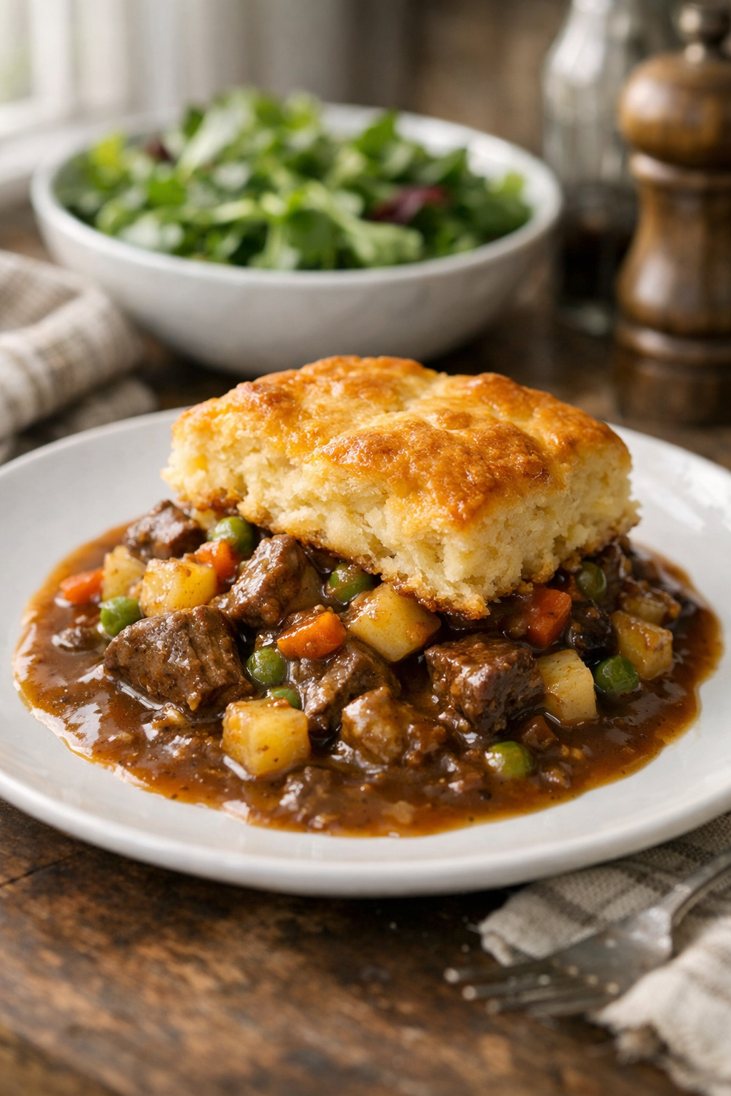 Photorealistic vertical 2:3 shot of a plated portion of beef and potato skillet pie on a white plate with gravy, golden biscuit top, simple green salad blurred in background, natural window light, rustic kitchen styling, US food photography, no text, no logo, no watermark, 2200px height