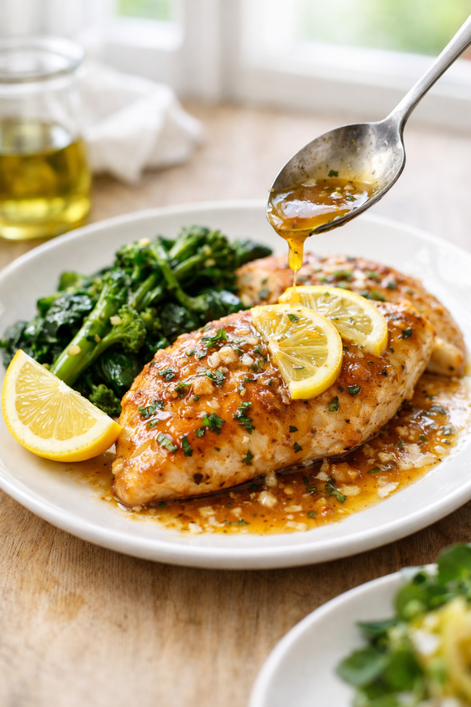 Photorealistic vertical 2:3 plated shot (Pinterest style) of lemon chicken with greens and spooned pan sauce, bright natural window light, minimal props, lemon wedge on the side, shallow depth of field, US food photography, realistic and appetizing, no text, no logo, no watermark, 2200px height