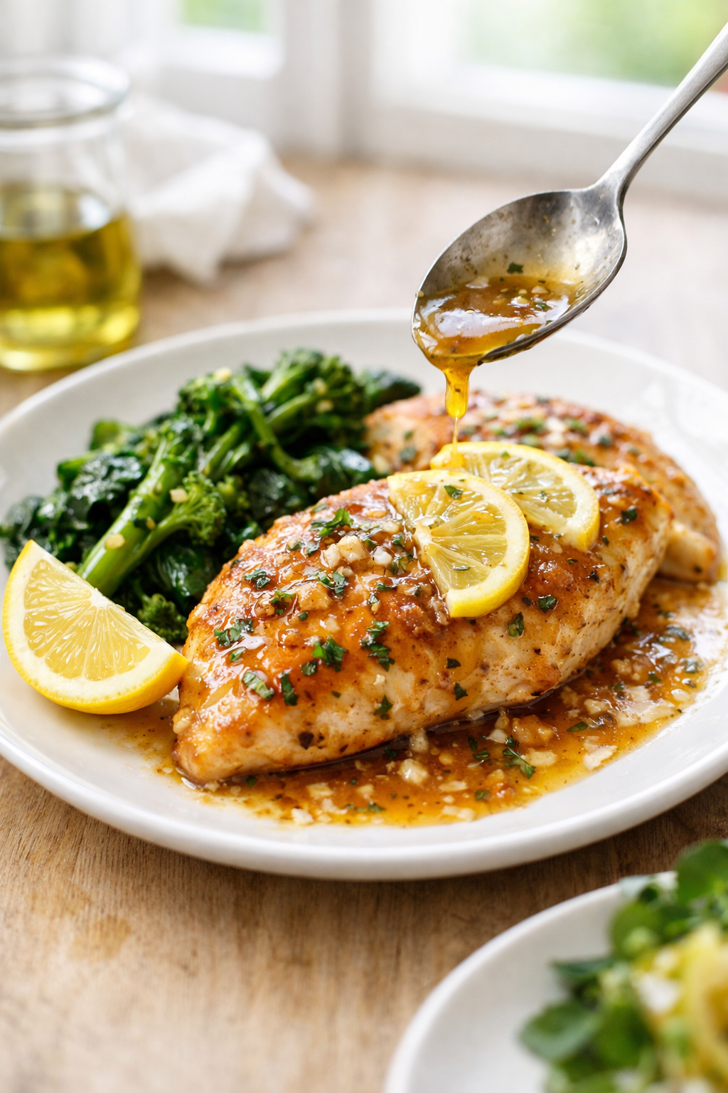 Photorealistic vertical 2:3 plated shot (Pinterest style) of lemon chicken with greens and spooned pan sauce, bright natural window light, minimal props, lemon wedge on the side, shallow depth of field, US food photography, realistic and appetizing, no text, no logo, no watermark, 2200px height