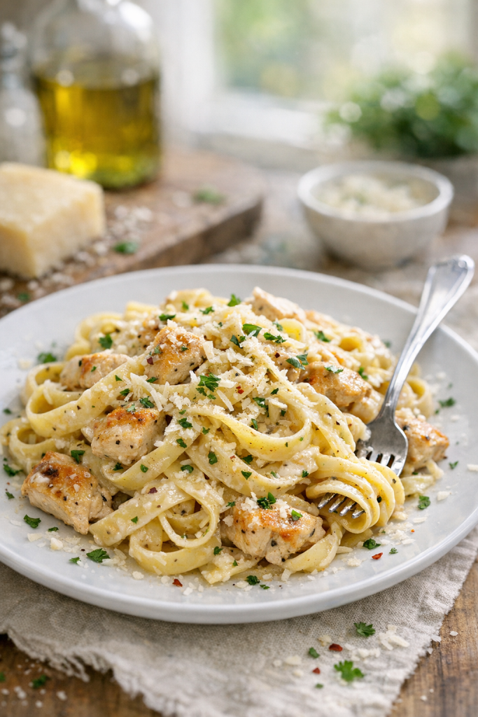 Photorealistic vertical 2:3 image of a plated serving of creamy chicken pasta on a white plate with a fork, Parmesan and herbs scattered, cozy kitchen background softly blurred, natural window light, US food photography, realistic appetizing, no text, no logo, no watermark, 2200px height