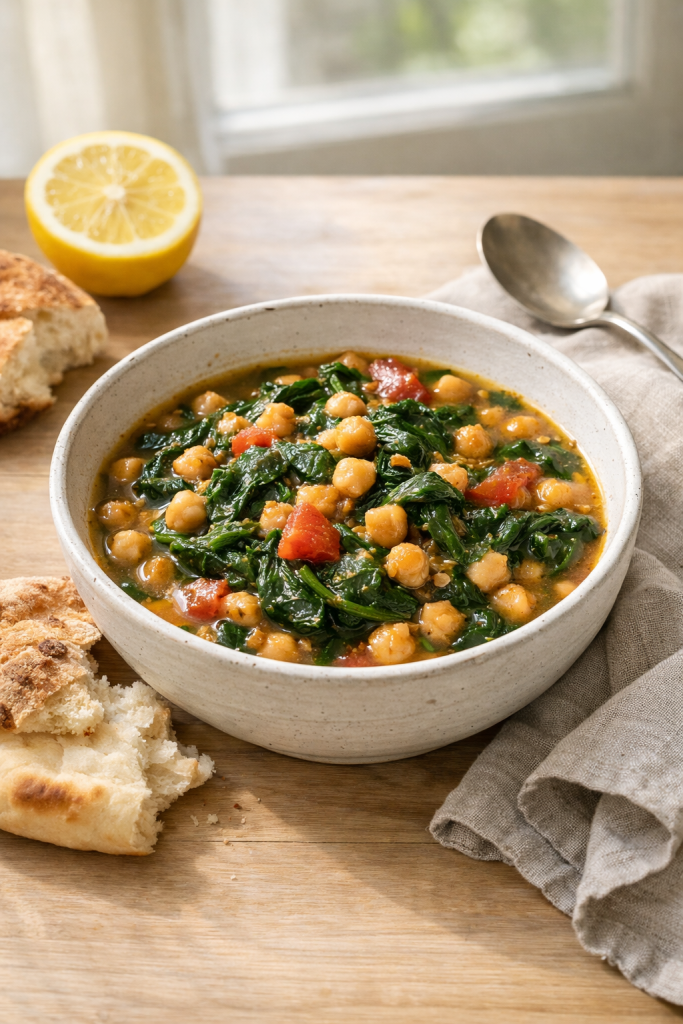Photorealistic vertical 2:3 image of a bowl of spinach and chickpea stew on a light wood table with pita or crusty bread beside it, simple linen napkin, lemon half, natural window light, US food photography, realistic and appetizing, no text, no logo, no watermark, 2200px height.