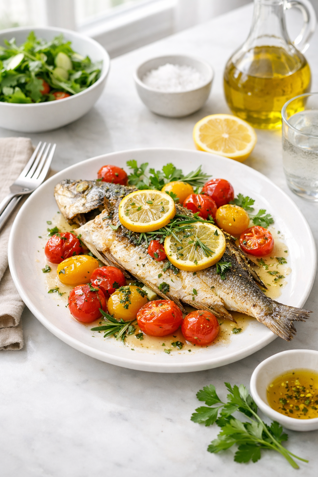 Photorealistic vertical 2:3 plated dinner scene of healthy oven-roasted fish with tomatoes, lemon, and fresh herbs, simple modern table setting, bright natural window light, US food photography, appetizing and realistic, 2200px height, no text, no logo, no watermark