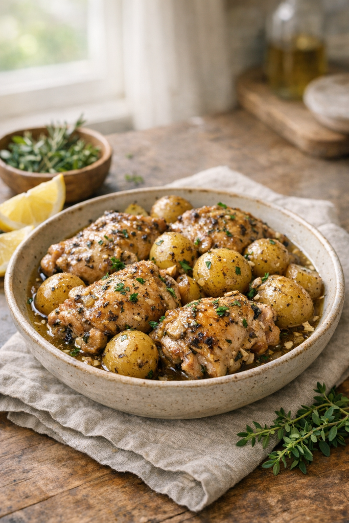 Photorealistic vertical 2:3 image of slow cooker garlic herb chicken and potatoes in a rustic bowl on a linen napkin with lemon wedges and herbs nearby, natural window light, cozy kitchen background softly blurred, US food photography, no text, no logo, no watermark, 2200px height