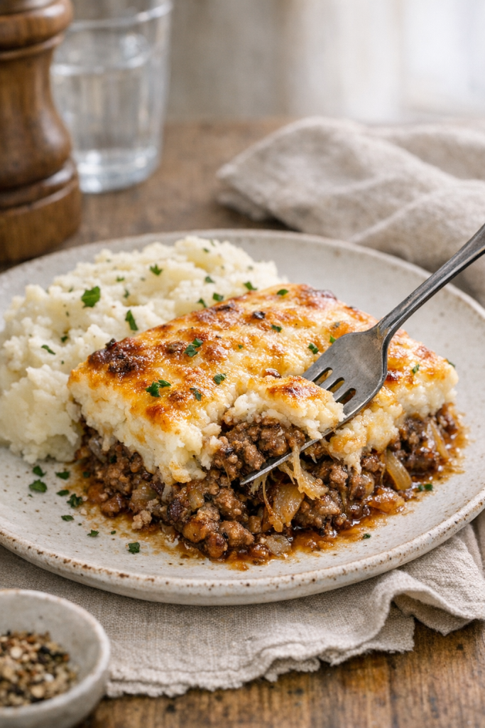 Photorealistic vertical 2:3 shot of a plated square of beef and onion gratin with mashed potatoes, fork cutting through to show beef-onion filling, simple linen and cozy dinner table styling, natural window light, US food photography, realistic and appetizing, no text, no logo, no watermark, 2200px height