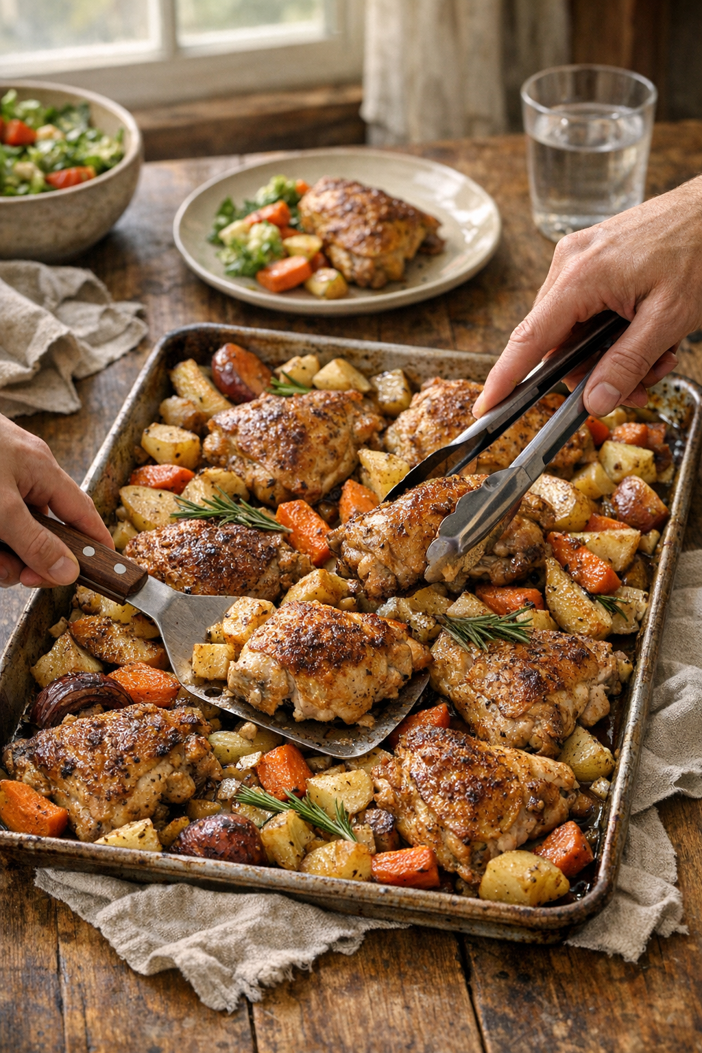 Photorealistic vertical 2:3 image of a family-style baked chicken and root vegetables spread on a sheet pan on a rustic table, hands serving with a spatula and tongs, cozy natural window light, warm tones, US food photography, realistic and appetizing, no text, no logo, no watermark, 2200px height