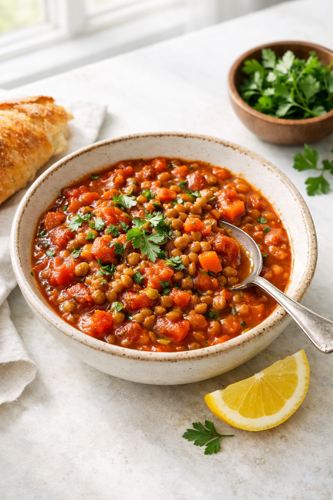 Photorealistic vertical 2:3 image of a styled serving of tomato lentil stew in a bowl with spoon, lemon wedge and herbs nearby, crusty bread partially in frame, bright natural window light, clean background, US food photography, realistic and appetizing, no text, no logo, no watermark