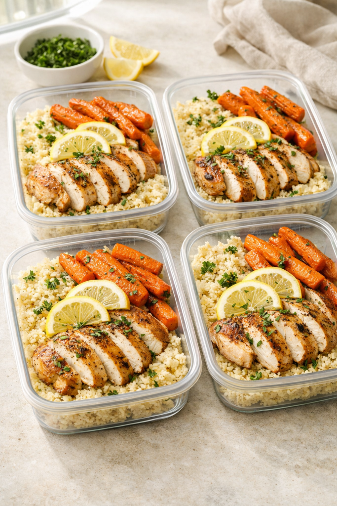 Photorealistic vertical 2:3 image of four meal prep containers filled with couscous, roasted carrots, and sliced chicken, topped with herbs and lemon slices, arranged on a light kitchen counter with natural window light, realistic and appetizing, US food photography, no text, no logo, no watermark