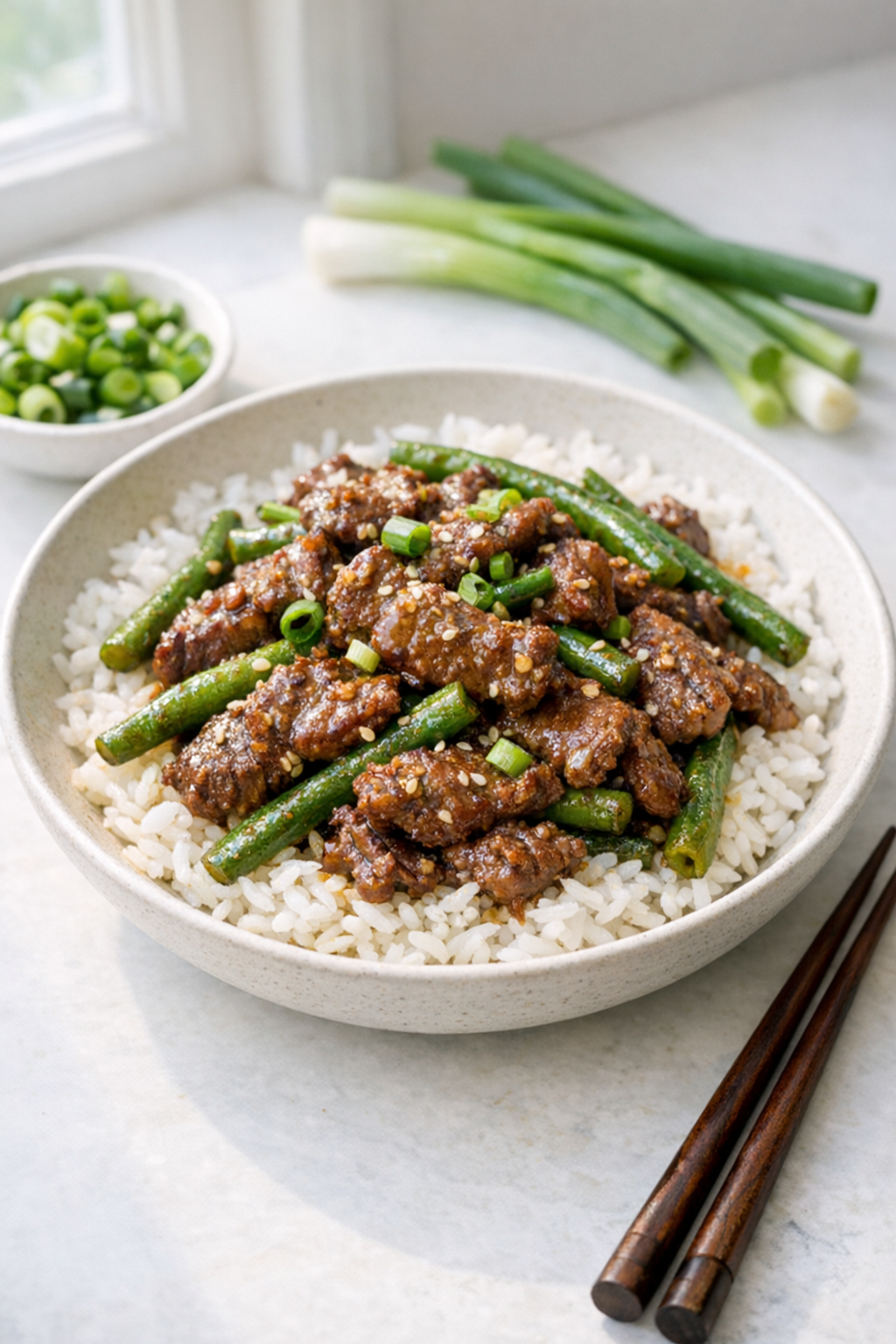 Photorealistic vertical 2:3 plated shot of skillet garlic beef with green beans over rice in a shallow bowl, chopsticks and scallions nearby, bright natural window light, clean background, US food photography, realistic and appetizing, no text, no logo, no watermark