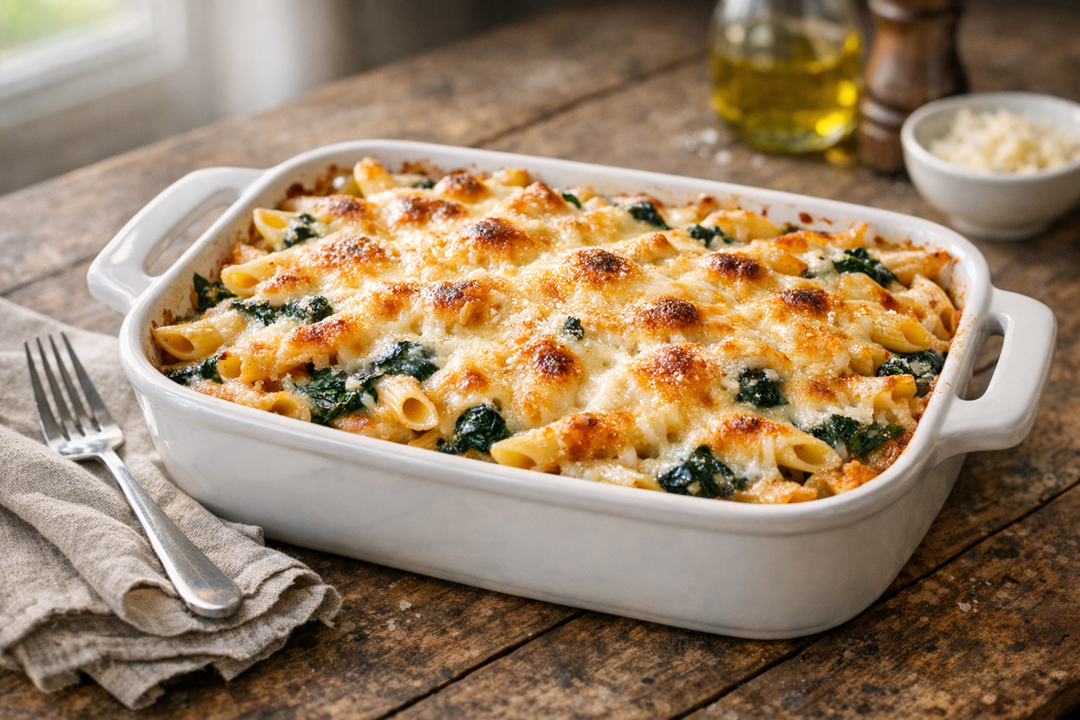 Creamy Baked Penne with Spinach (Easy & Cheesy)