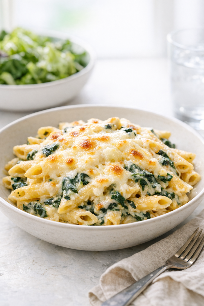 Photorealistic vertical 2:3 image of creamy baked penne with spinach plated in a shallow bowl with melted cheese on top, a simple green salad blurred in background, natural window light, clean bright styling, US food photography, realistic and appetizing, no text, no logo, no watermark, 2200px height