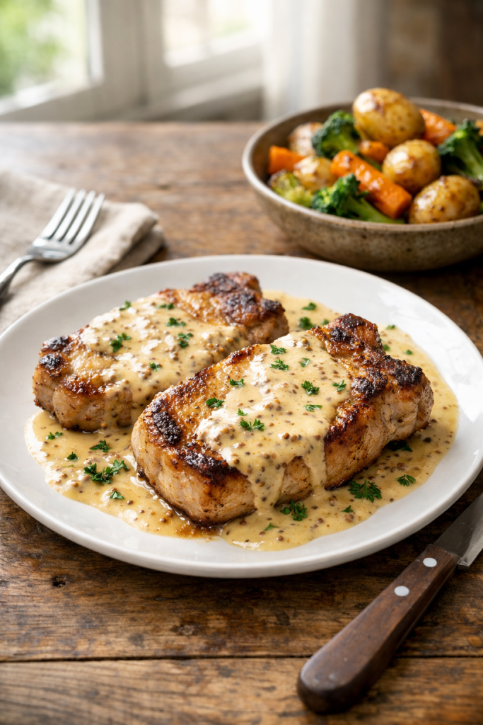Photorealistic vertical 2:3 plated pork chops with mustard cream sauce, rustic wooden table, simple linen napkin, fork and knife, side of roasted vegetables, bright natural window light, shallow depth of field, US food photography, no text, no logo, no watermark, 2200px height