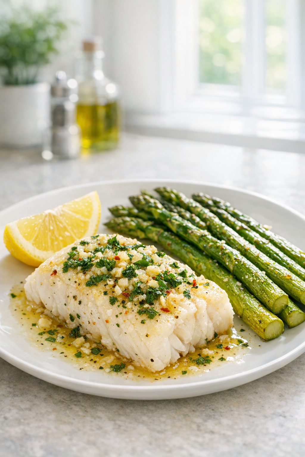 Photorealistic vertical 2:3 shot of plated oven-baked cod with garlic and herbs, lemon wedge, simple side of roasted asparagus on the plate edge, bright natural window light, clean modern kitchen background softly blurred, US food photography, no text, no logo, no watermark, 2200px height