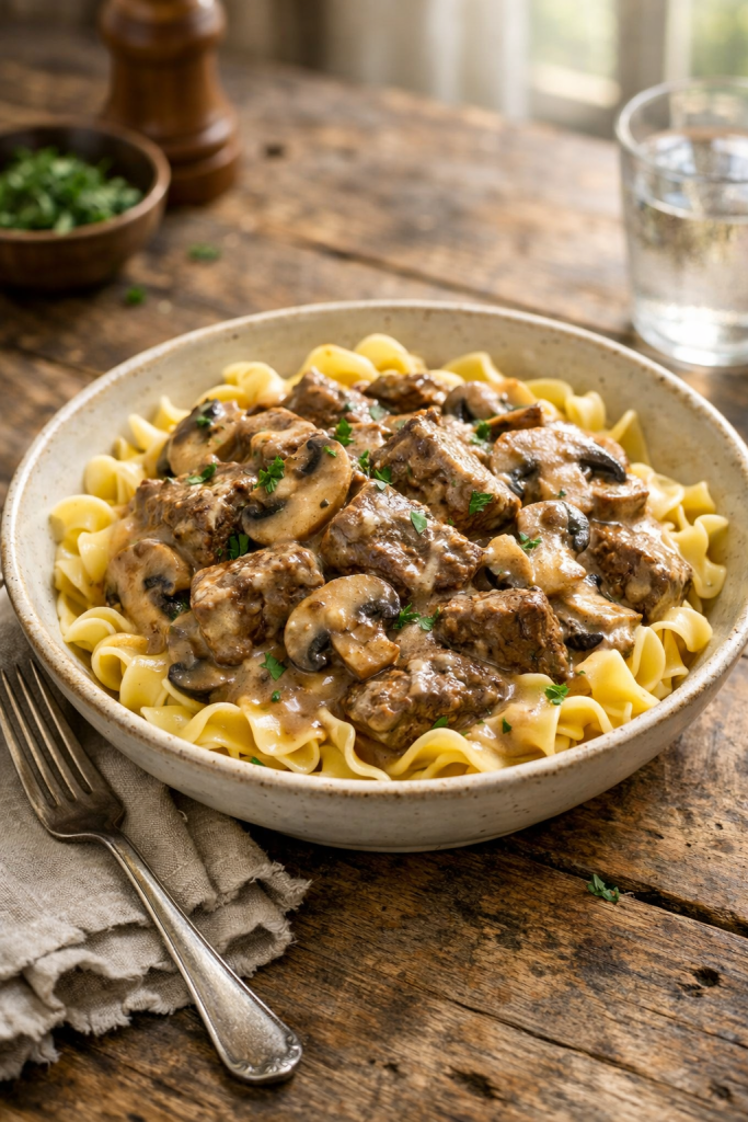 Photorealistic vertical 2:3 image of a bowl of beef and mushroom stroganoff on egg noodles on a rustic table with a fork and napkin, creamy sauce sheen, mushrooms visible, natural window light, US food photography, realistic and appetizing, no text, no logo, no watermark, 2200px height