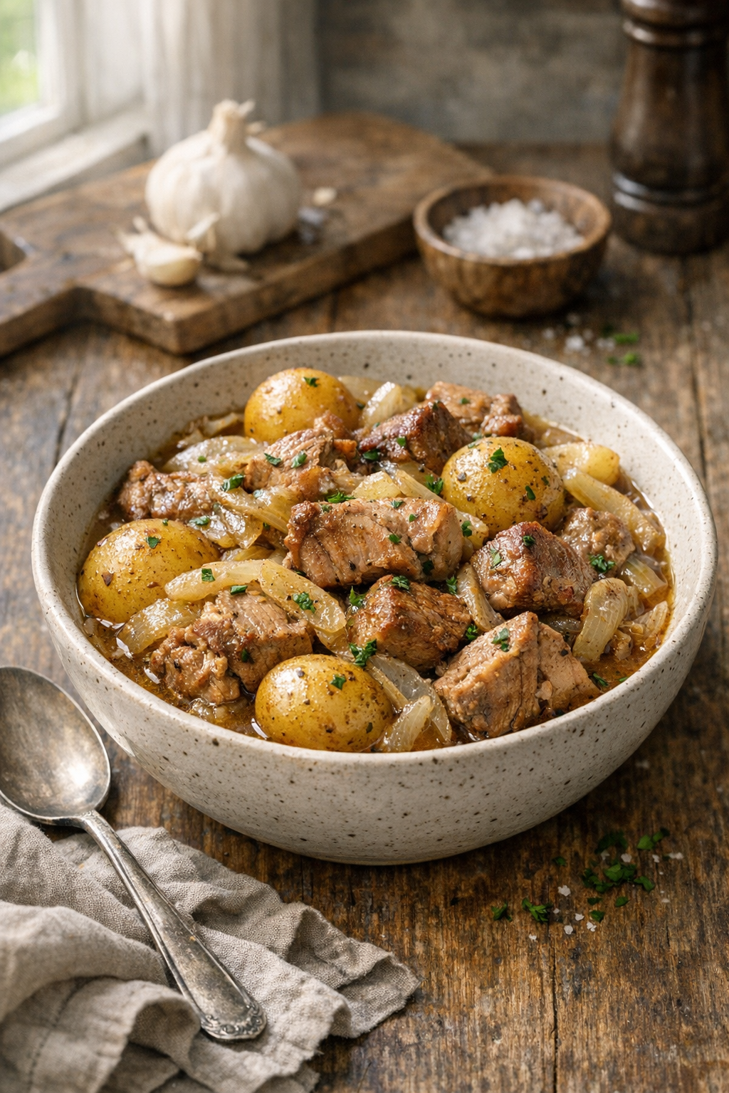 Photorealistic vertical 2:3 image of a cozy bowl of slow cooker pork with potatoes and onions on a rustic kitchen table, spoon and linen nearby, natural window light, US food photography, realistic appetizing styling, no text, no logo, no watermark, 2200px height
