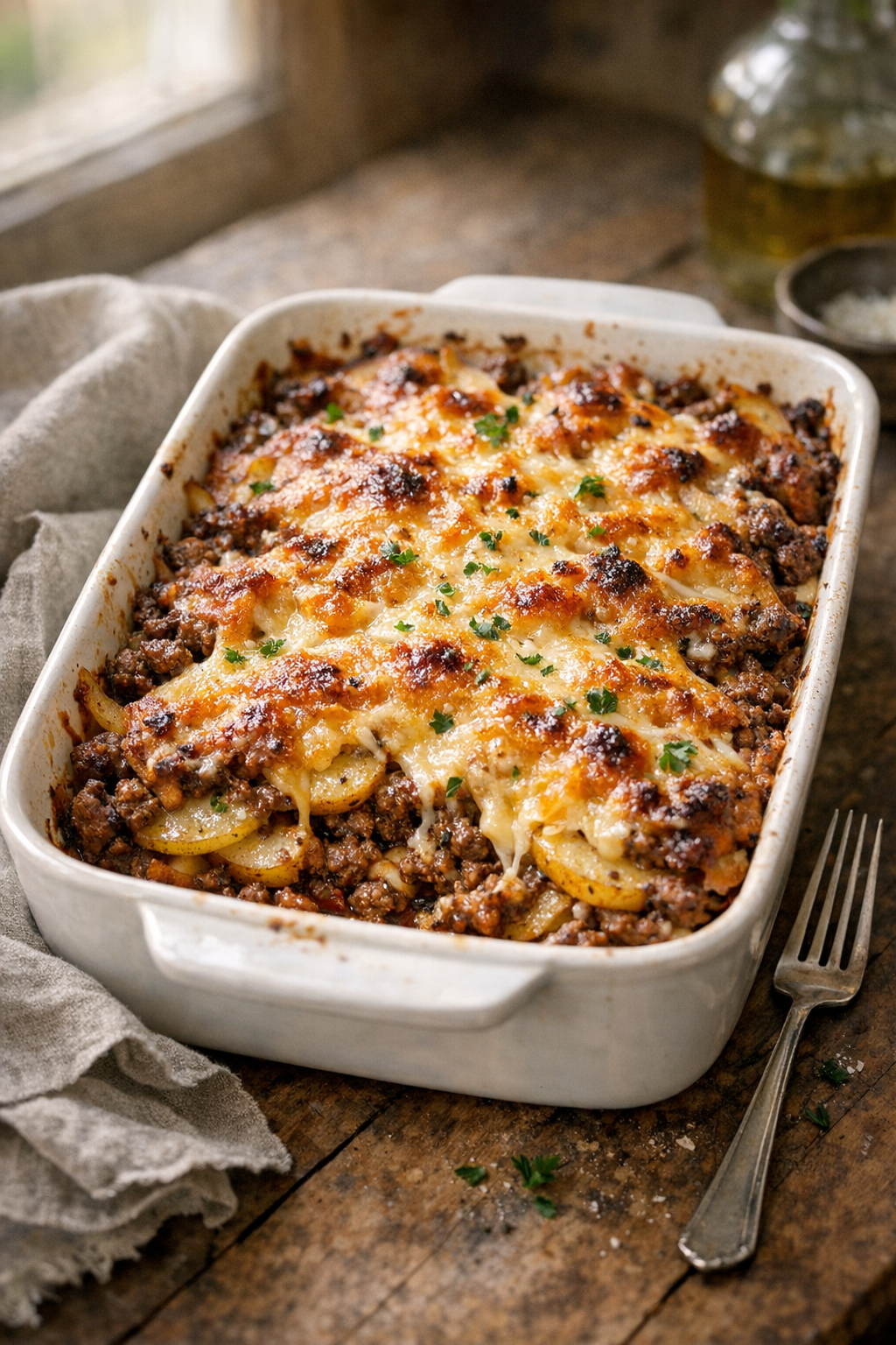 Photorealistic vertical 2:3 image of oven-baked beef and potato casserole on a rustic kitchen table with simple props (linen napkin, fork), warm natural window light, crispy melted cheese detail, shallow depth of field, US food photography, 2200px height, no text, no logo, no watermark
