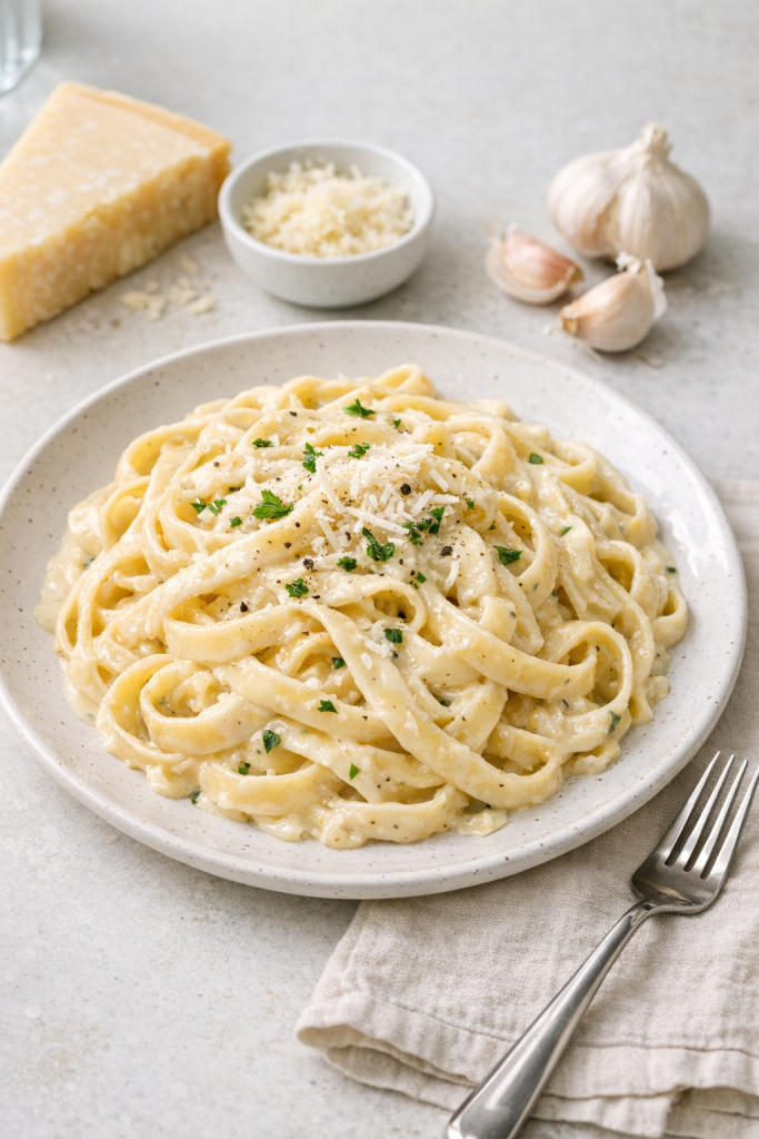 Photorealistic vertical 2:3 image of a plated serving of creamy garlic Parmesan pasta on a light countertop with simple props (Parmesan wedge, garlic cloves, fork), natural window light, appetizing glossy sauce, US food photography, no text, no logo, no watermark, 2200px height