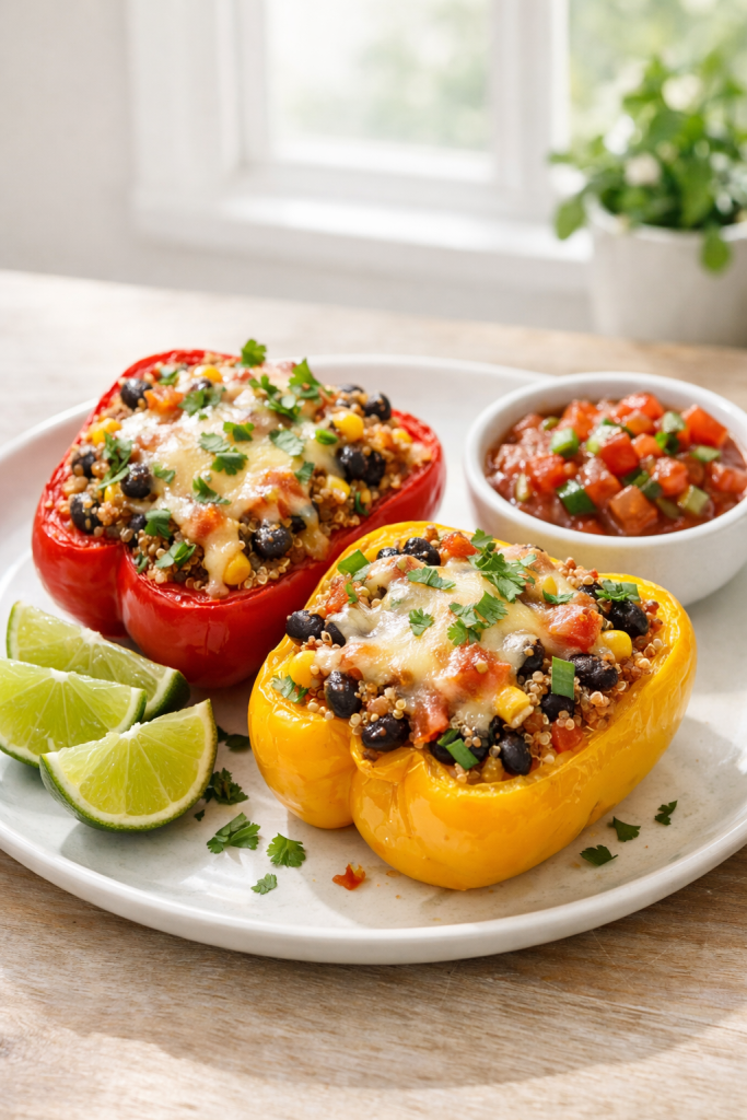 Photorealistic vertical 2:3 shot of two vegetarian stuffed peppers on a plate with lime wedges and salsa on the side, bright natural window light, clean background, realistic US food photography, no text, no logo, no watermark, 2200px height