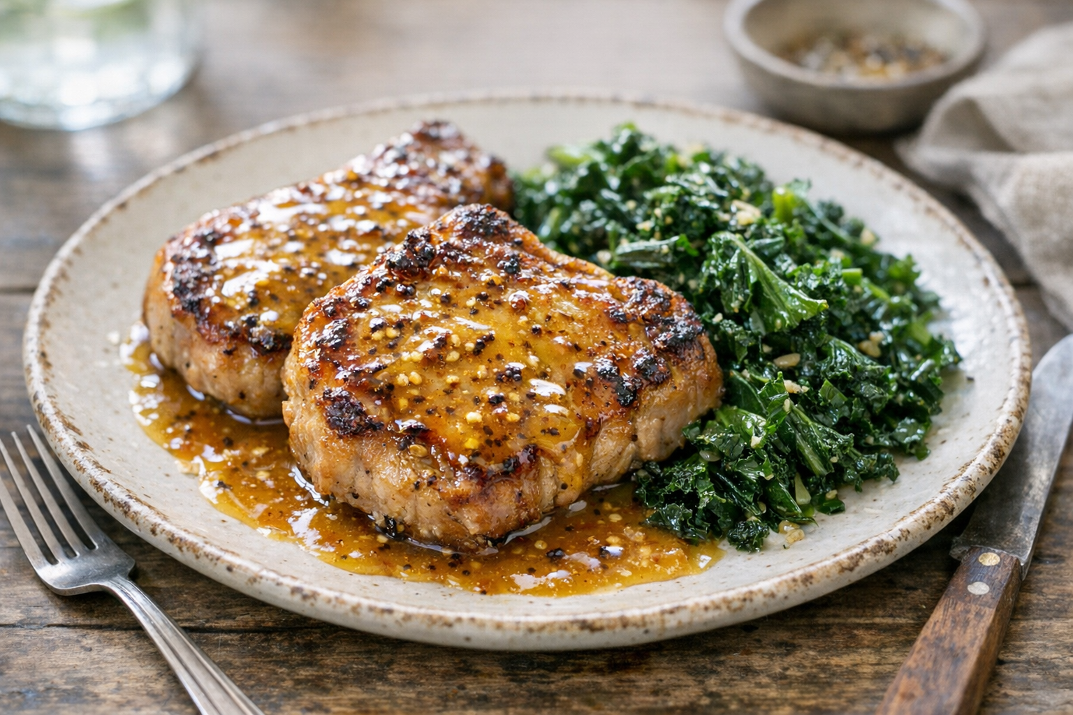 Skillet Honey Mustard Pork with Greens
