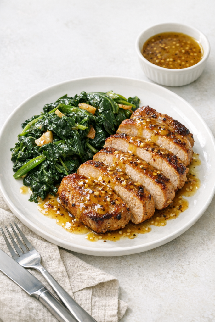 Photorealistic vertical 2:3 image of plated honey mustard pork with sautéed greens and extra sauce drizzled, clean neutral background with a linen napkin and simple cutlery, bright natural light, realistic US food photography, no text, no logo, no watermark, 2200px height