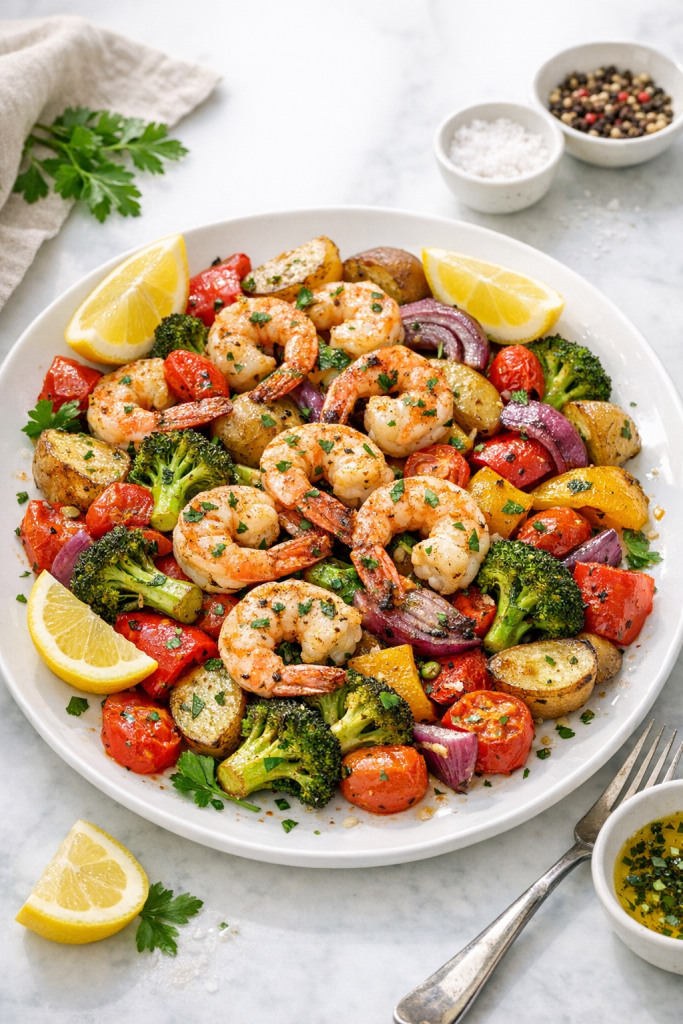 Photorealistic vertical 2:3 image (2200px height) of plated sheet-pan shrimp with roasted vegetables styled for Pinterest, bright natural window light, vibrant colors, lemon wedges and herbs, clean background, US food photography, no text, no logo, no watermark