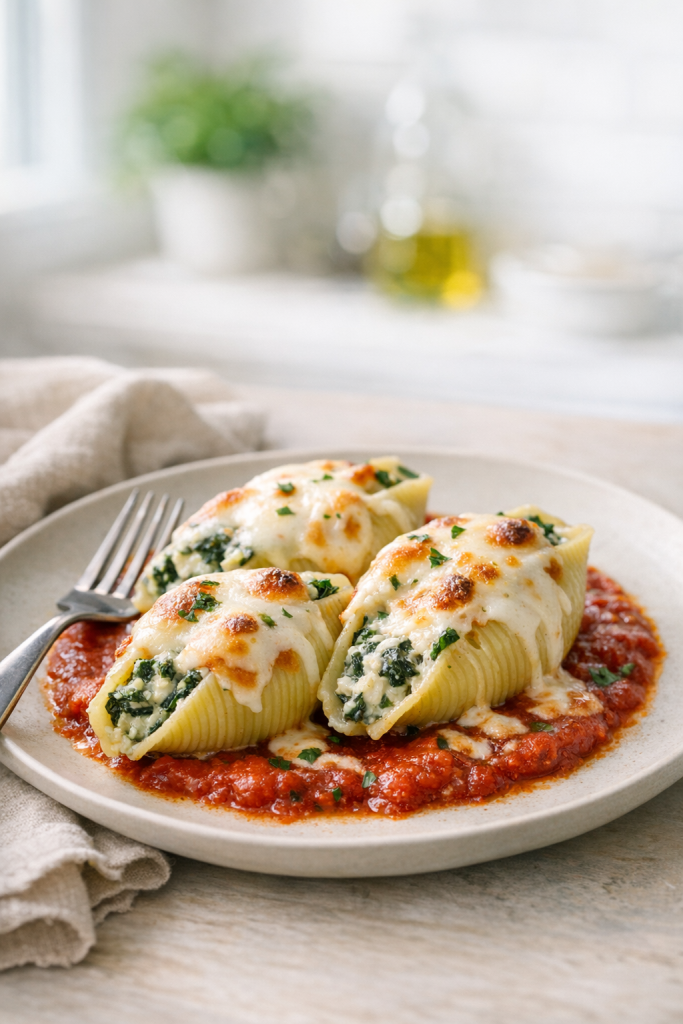 Photorealistic vertical 2:3 image of a plated portion of spinach ricotta stuffed shells on a matte plate with marinara and melted mozzarella, side fork, linen napkin, soft natural window light, clean kitchen background bokeh, US food photography, no text, no logo, no watermark, 2200px height