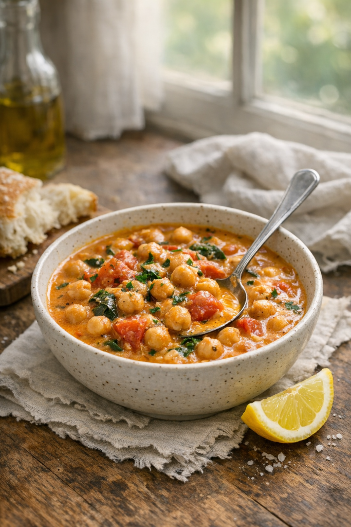 Photorealistic vertical 2:3 image of a styled dinner scene with a bowl of creamy chickpea and tomato stew, spoon in bowl, bread and lemon wedge nearby on a rustic table, natural window light, shallow depth of field, US food photography, realistic, appetizing, no text, no logo, no watermark, 2200px height