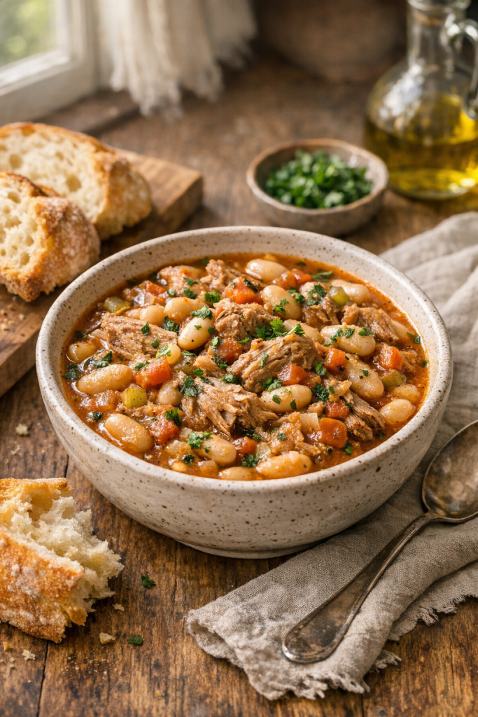 Photorealistic vertical 2:3 image of a bowl of slow cooker pork and white bean ragout on a wooden surface with crusty bread on the side, parsley garnish, cozy natural window light, styled for Pinterest, US food photography, no text, no logo, no watermark, 2200px height