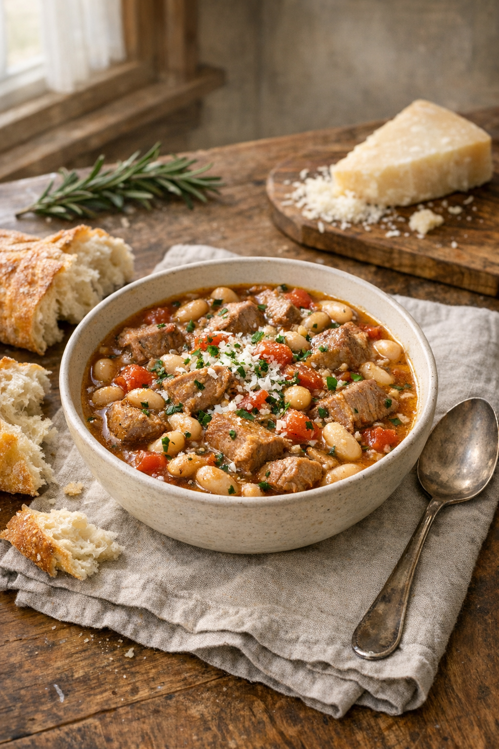 Photorealistic vertical 2:3 image of a styled dinner scene featuring a bowl of pork and white bean ragout on a linen napkin with a spoon, crusty bread nearby, rosemary sprig and Parmesan in the background, warm natural window light, US food photography, realistic and appetizing, no text, no logo, no watermark, 2200px height