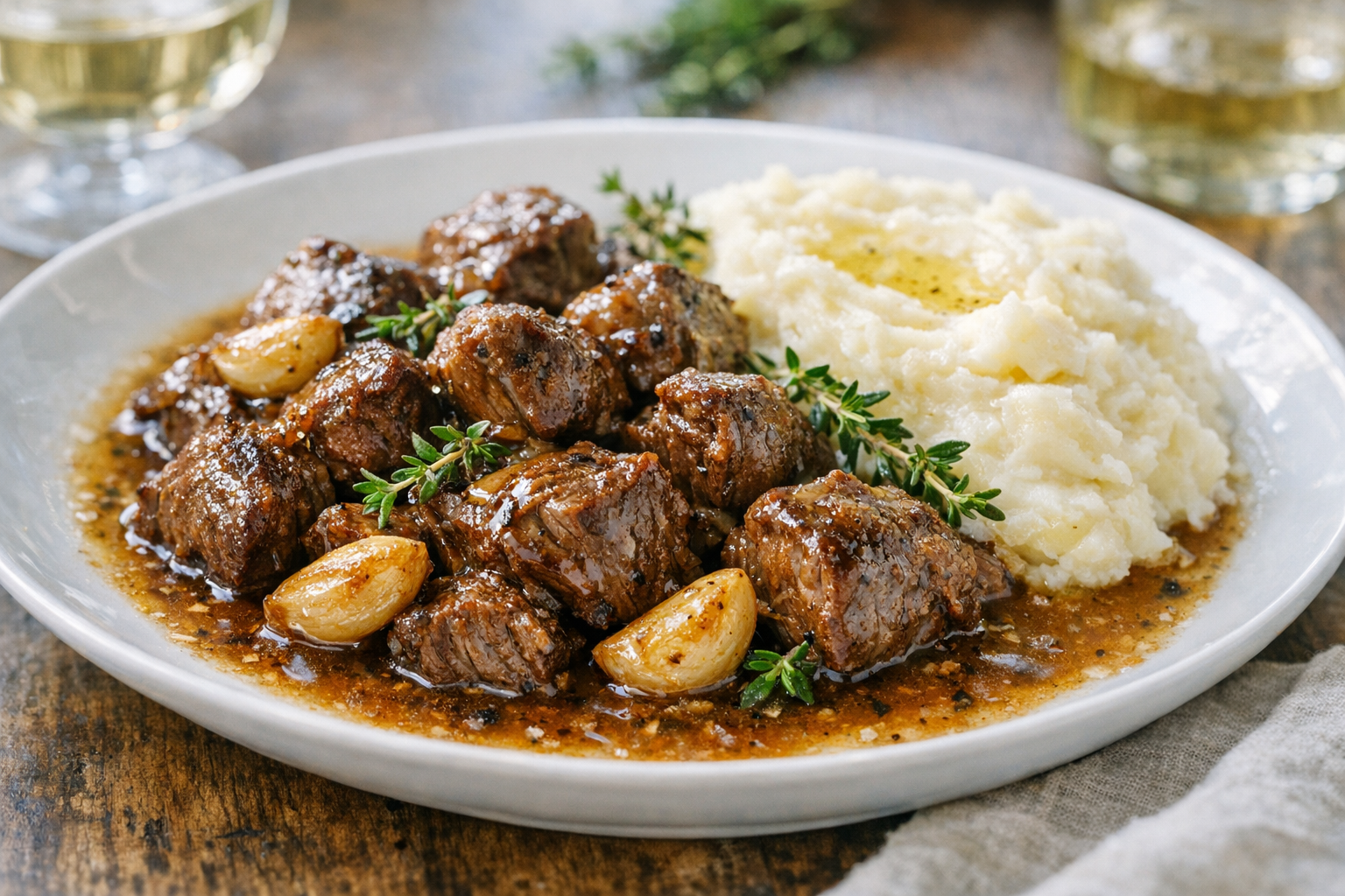 Garlic Braised Beef with Thyme & White Wine