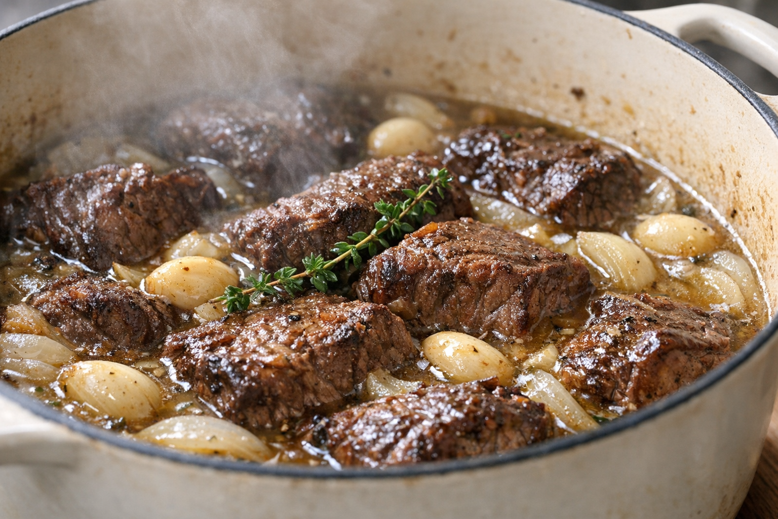 Garlic Braised Beef with Thyme & White Wine
