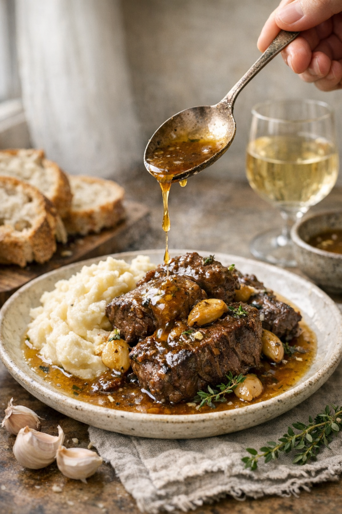 Photorealistic vertical 2:3 shot of plated garlic braised beef with thyme and white wine, sauce spoon being drizzled over beef, mashed potatoes and crusty bread in frame, rustic neutral background, natural window light, US food photography, 2200px height, no text, no logo, no watermark