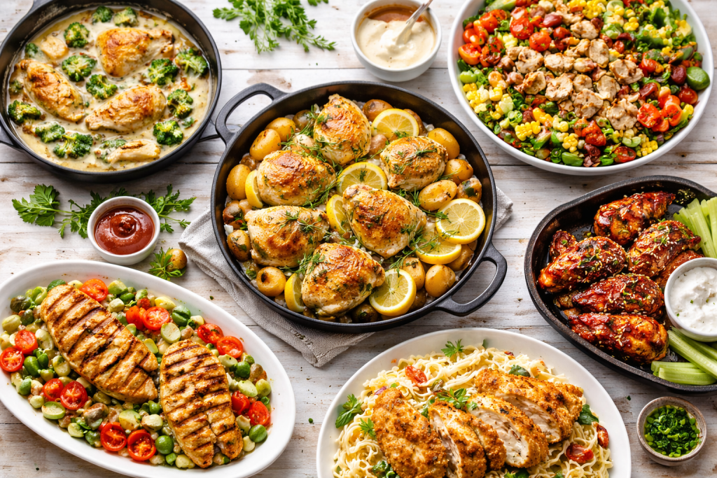 Assorted creamy, baked and roasted chicken dinner recipes on a rustic table