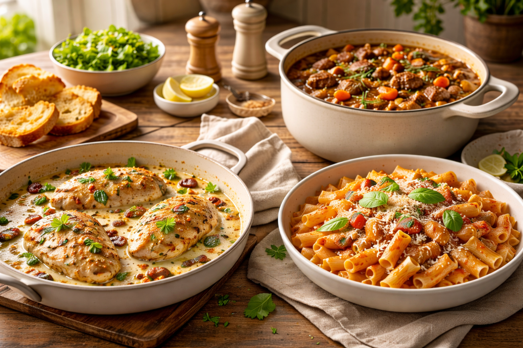Easy comfort food dishes on a cozy kitchen table for FoodVibe homepage