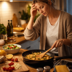 tired person cooking quick dinner easy meal low energy evening kitchen